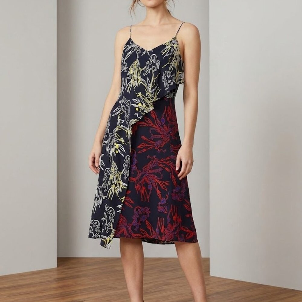 Tanya Taylor Asymmetric Ruffle Cocktail Dress Black Red Yellow Blue